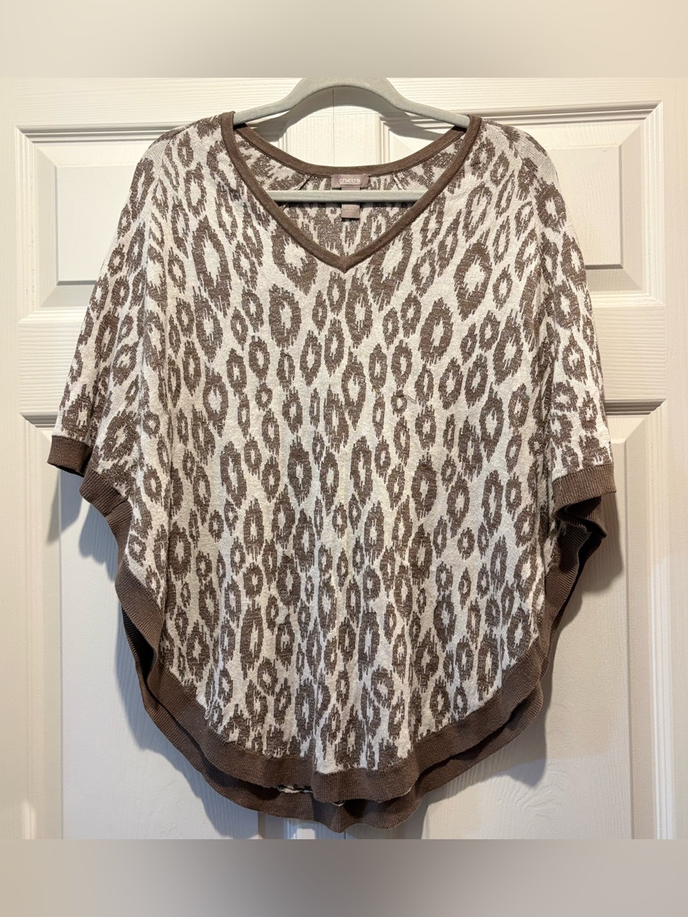 Chico’s Brown Cream Leopard Print V-Neck Women's Poncho Sweater Top Fall Sz S/M
